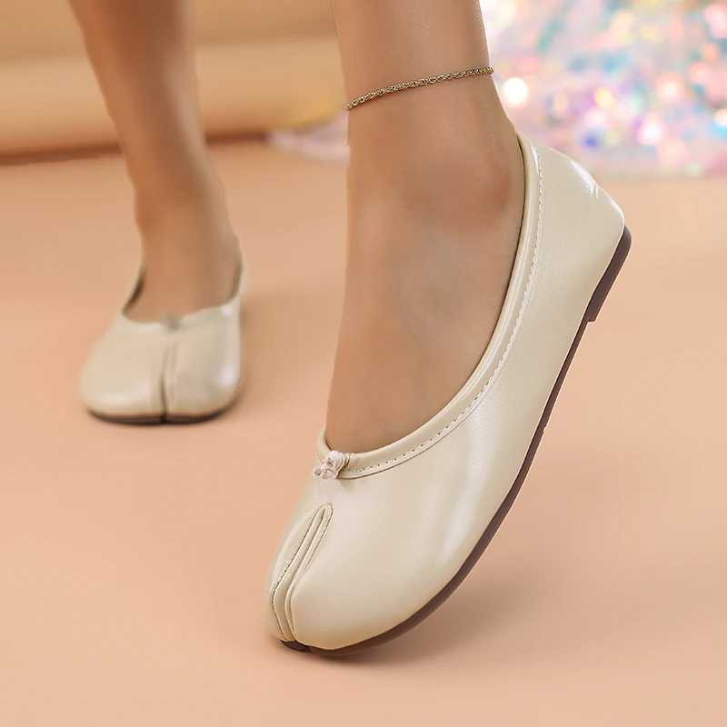 Spring Women's Split Toe Ballet Flats Soft PU Slip On Loafers Comfortable Casual Walking Shallow Mouth Daily Shoes for Ladies