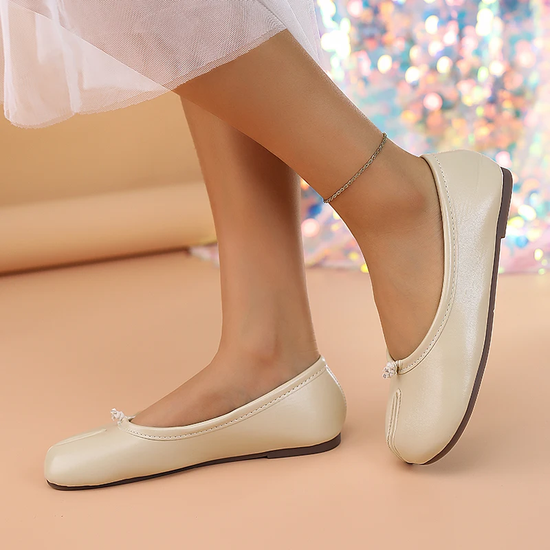 Spring Women's Split Toe Ballet Flats Soft PU Slip On Loafers Comfortable Casual Walking Shallow Mouth Daily Shoes for Ladies