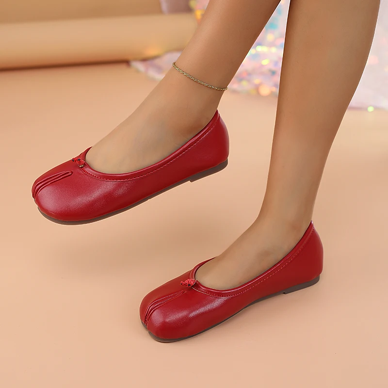 Spring Women's Split Toe Ballet Flats Soft PU Slip On Loafers Comfortable Casual Walking Shallow Mouth Daily Shoes for Ladies