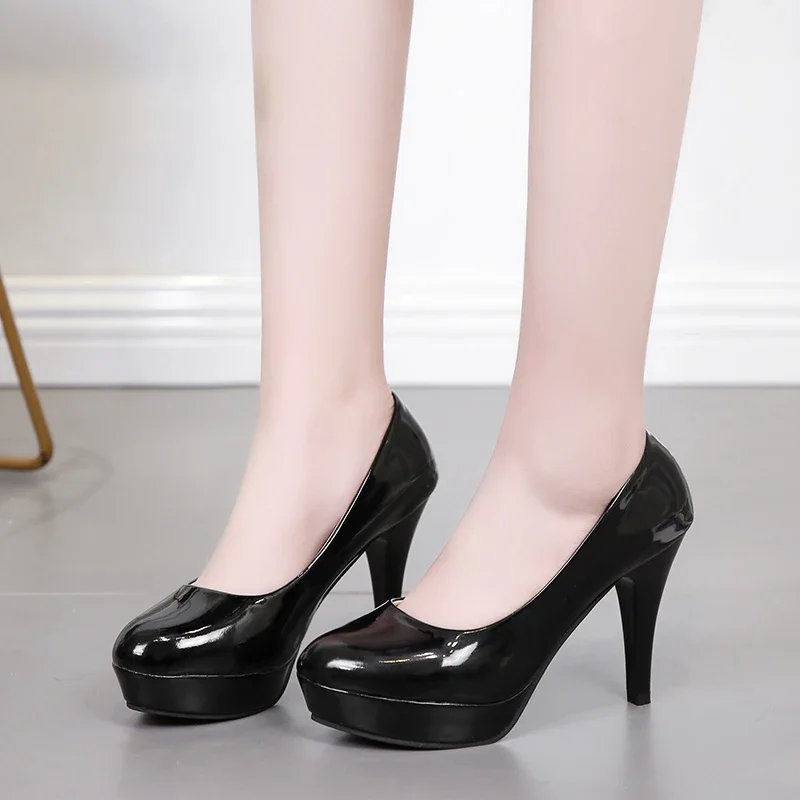 Sexy High Heels Large Size Women's Spring and Summer Patent Leather Fashion Round Toe Stiletto Wedding Shoes