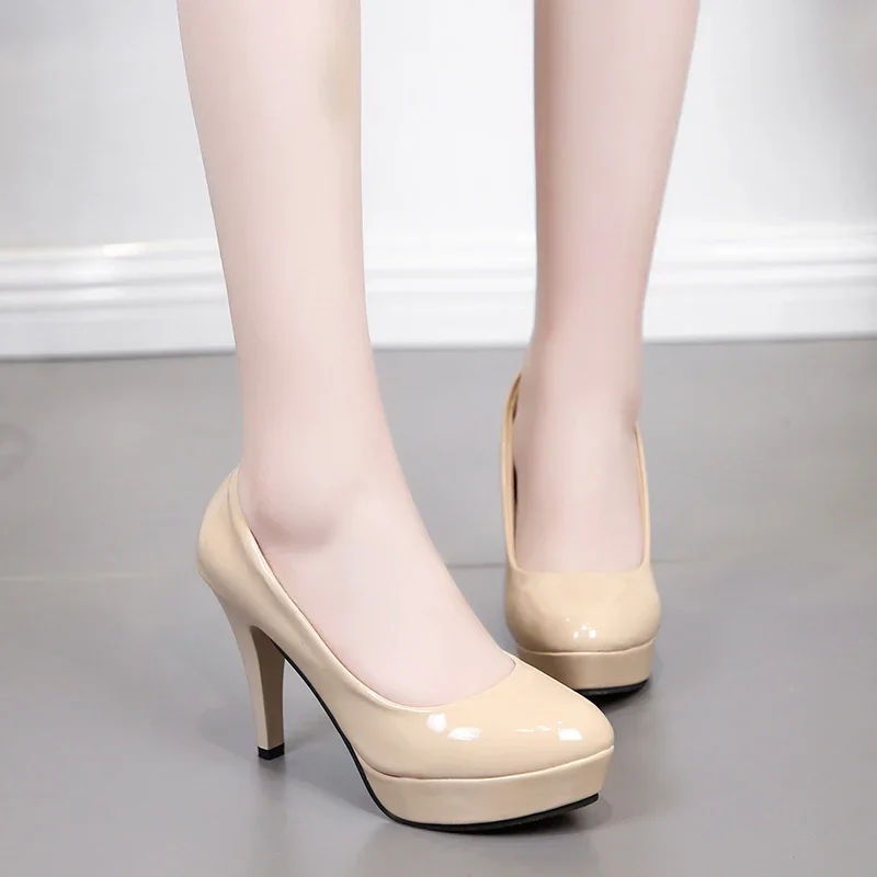 Sexy High Heels Large Size Women's Spring and Summer Patent Leather Fashion Round Toe Stiletto Wedding Shoes