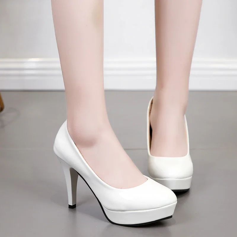 Sexy High Heels Large Size Women's Spring and Summer Patent Leather Fashion Round Toe Stiletto Wedding Shoes