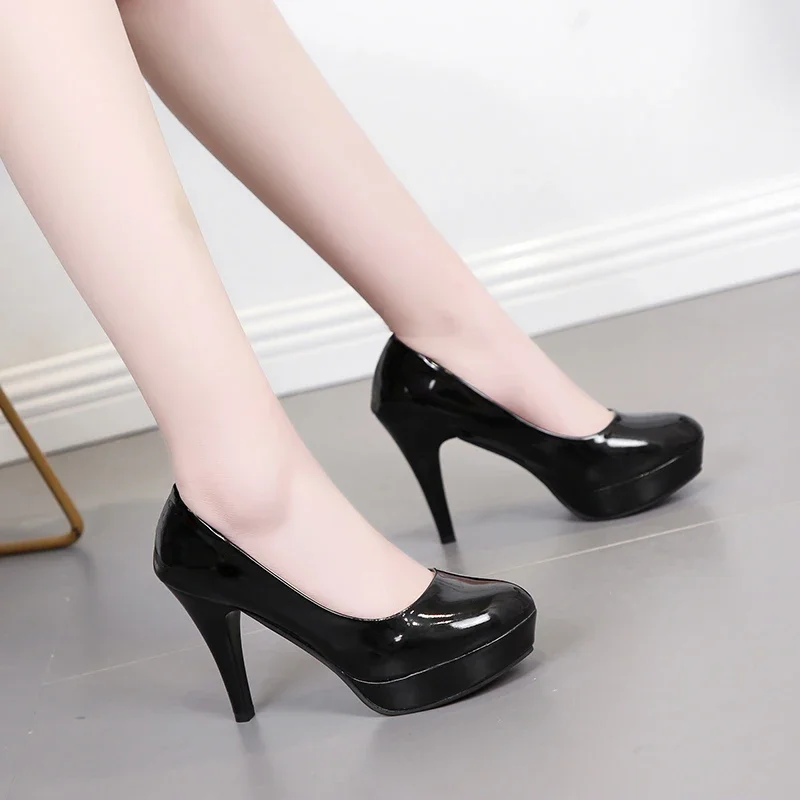 Sexy High Heels Large Size Women's Spring and Summer Patent Leather Fashion Round Toe Stiletto Wedding Shoes