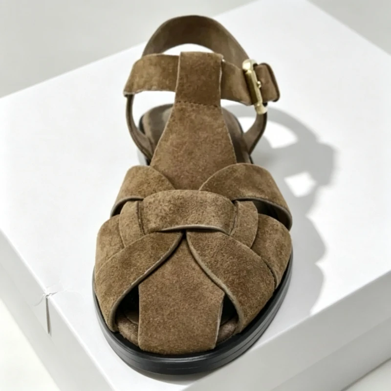 Suede Weave Retro Metal Buckle Designer Sandals Women Hollow Gladiator Shoe Summer 2026 Flat Beach Shoes Female Zapatos De Mujer