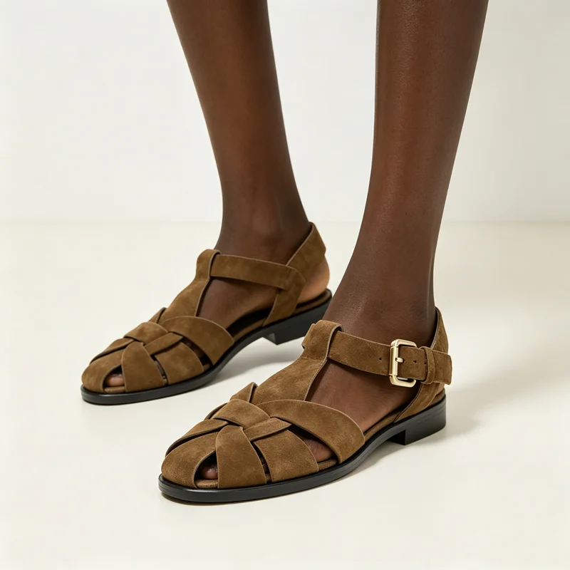 Suede Weave Retro Metal Buckle Designer Sandals Women Hollow Gladiator Shoe Summer 2026 Flat Beach Shoes Female Zapatos De Mujer