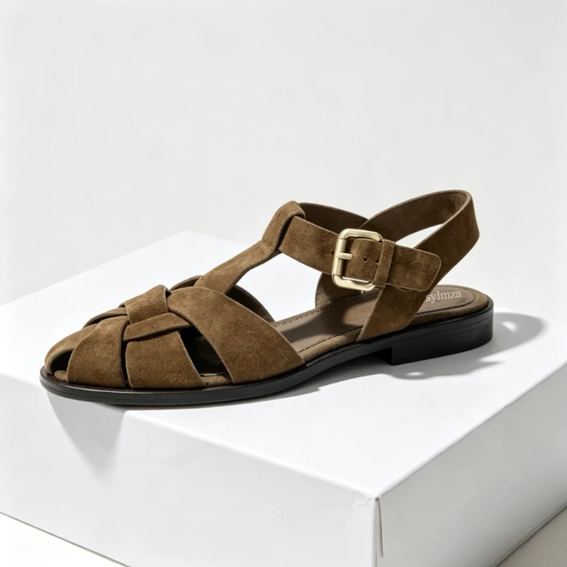 Suede Weave Retro Metal Buckle Designer Sandals Women Hollow Gladiator Shoe Summer 2026 Flat Beach Shoes Female Zapatos De Mujer