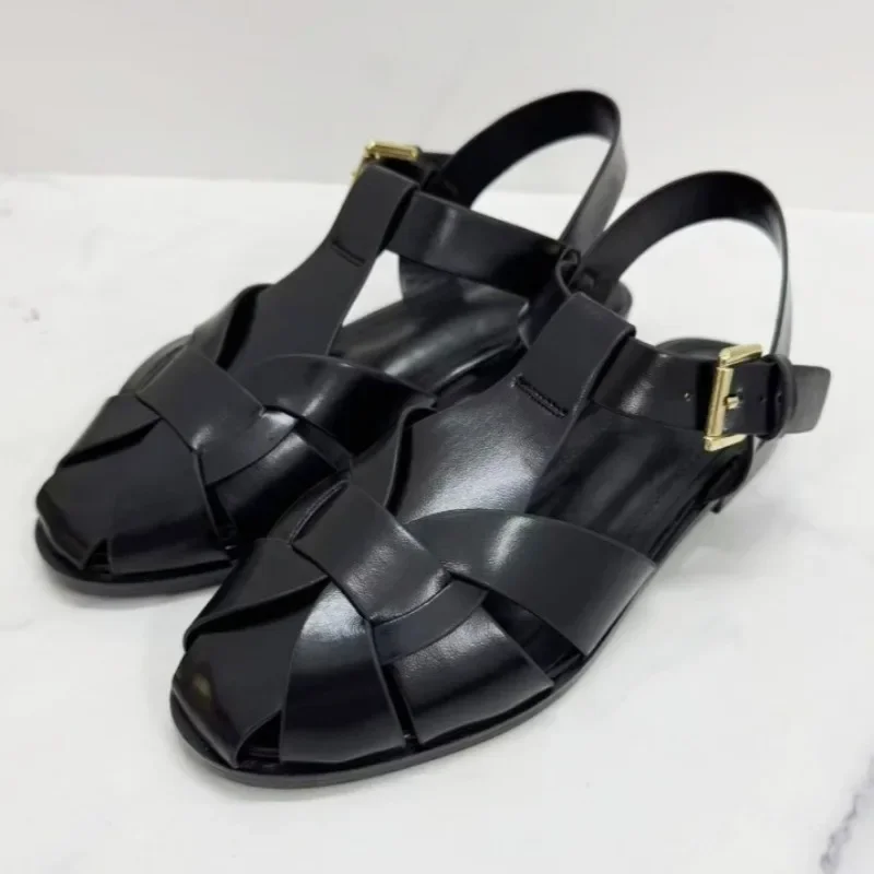 Suede Weave Retro Metal Buckle Designer Sandals Women Hollow Gladiator Shoe Summer 2026 Flat Beach Shoes Female Zapatos De Mujer