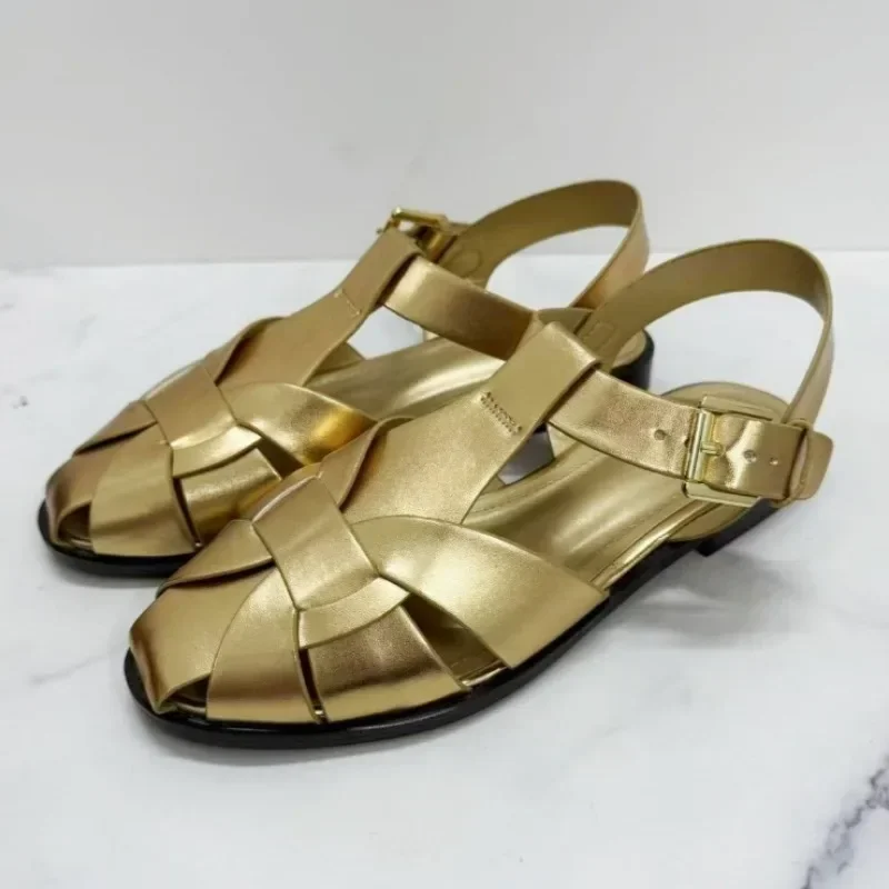 Suede Weave Retro Metal Buckle Designer Sandals Women Hollow Gladiator Shoe Summer 2026 Flat Beach Shoes Female Zapatos De Mujer