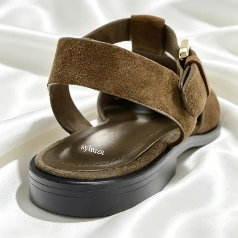 Suede Weave Retro Metal Buckle Designer Sandals Women Hollow Gladiator Shoe Summer 2026 Flat Beach Shoes Female Zapatos De Mujer