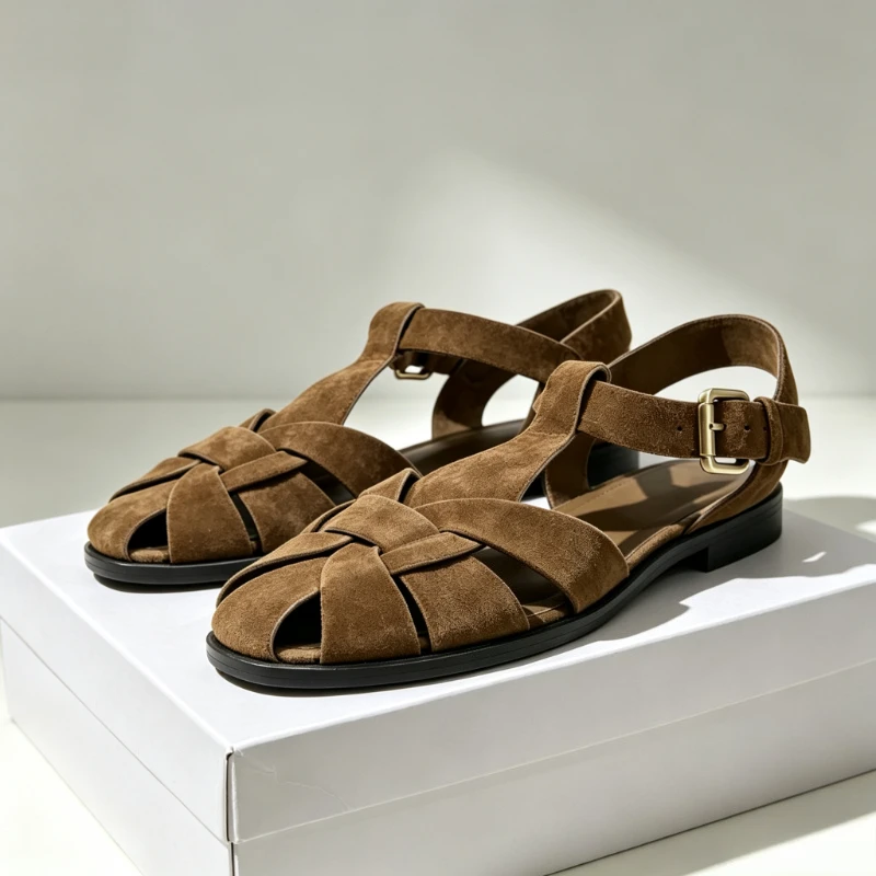 Suede Weave Retro Metal Buckle Designer Sandals Women Hollow Gladiator Shoe Summer 2026 Flat Beach Shoes Female Zapatos De Mujer