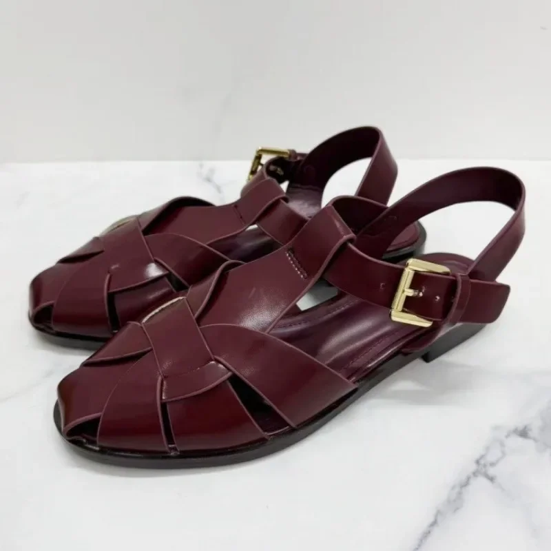 Suede Weave Retro Metal Buckle Designer Sandals Women Hollow Gladiator Shoe Summer 2026 Flat Beach Shoes Female Zapatos De Mujer