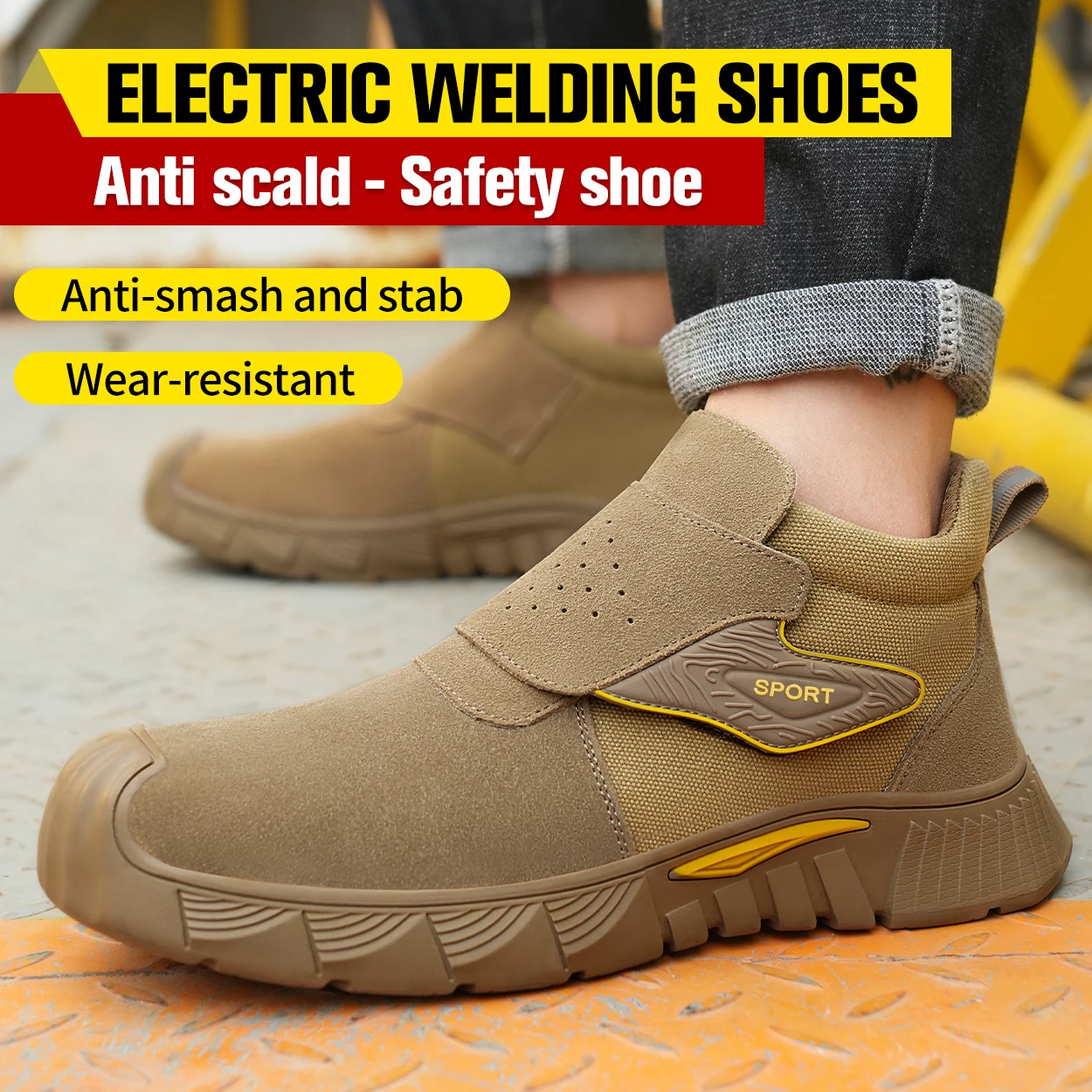 Brown Welding Work Boots for Men Women Slip on Steel Toe Safety Shoes Comfortable Work Boots Puncture Proof Construction Shoes