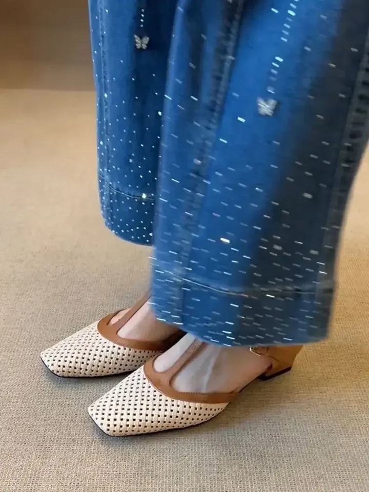 Women Mid Heels Slippers Fashion Square Toe Mules Shoes Heeled Sandals  Slingback Flip Flops New Pumps Dress Mujer Zapatos