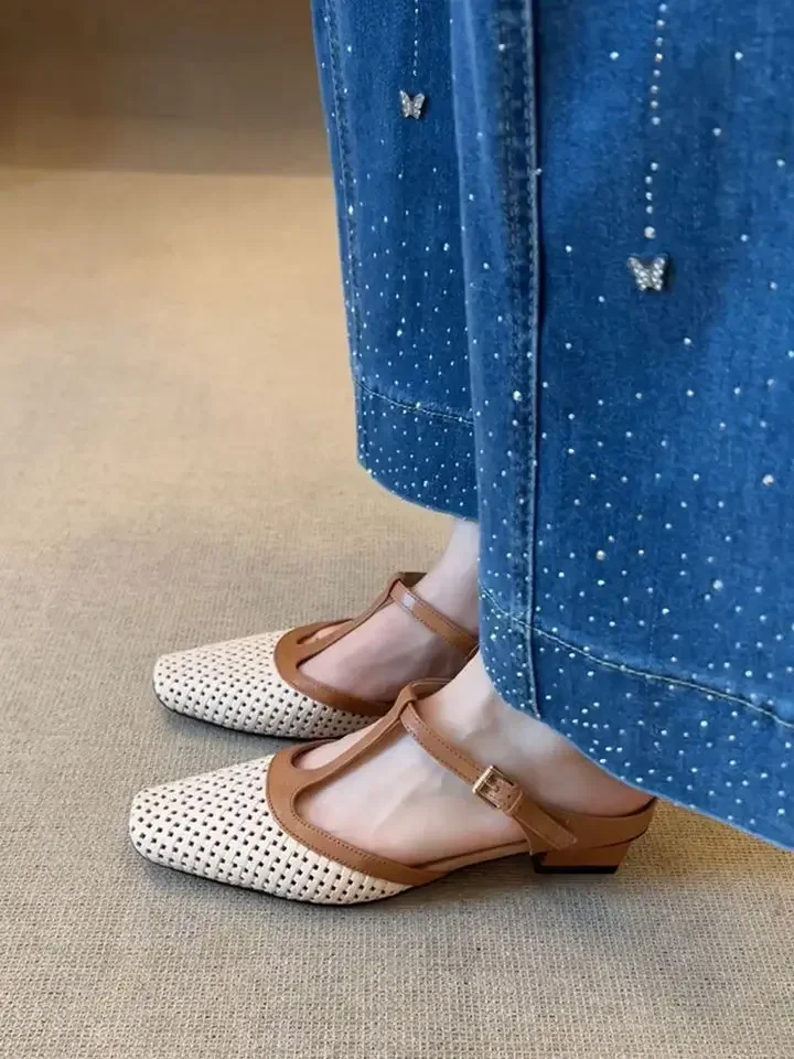 Women Mid Heels Slippers Fashion Square Toe Mules Shoes Heeled Sandals  Slingback Flip Flops New Pumps Dress Mujer Zapatos