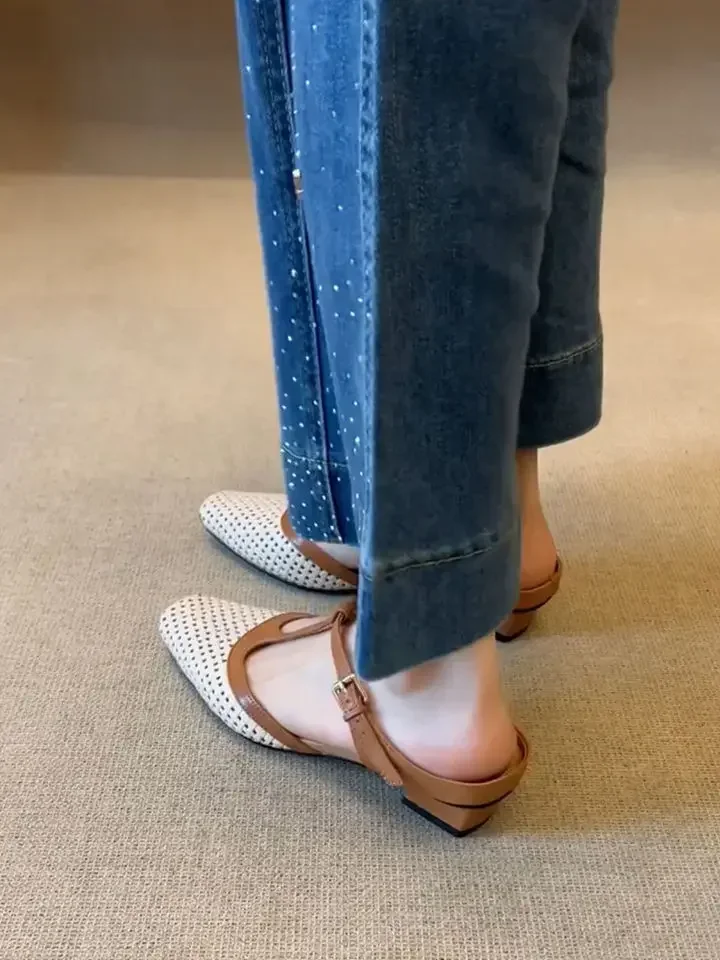 Women Mid Heels Slippers Fashion Square Toe Mules Shoes Heeled Sandals  Slingback Flip Flops New Pumps Dress Mujer Zapatos