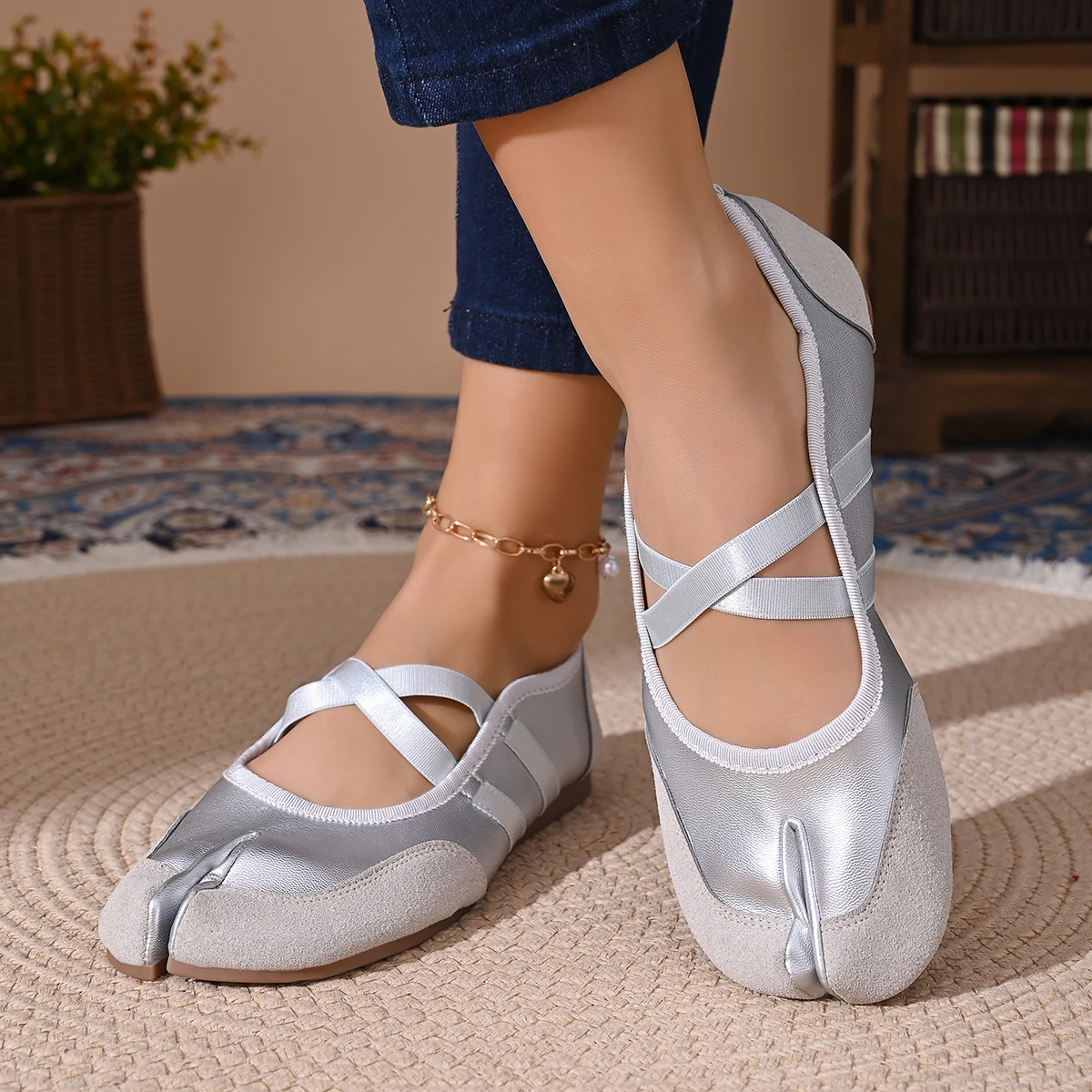 Split-Toe Casual Ballet Flats Shoes Women Genuine Pu Leather Cross Band Mary Janes Shoes Streetwear Elegant Loafers New Summer