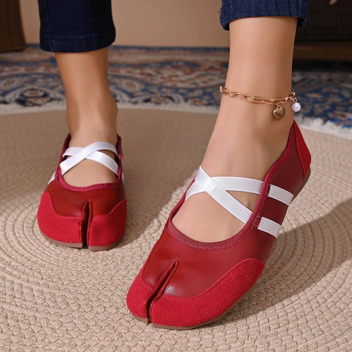 Split-Toe Casual Ballet Flats Shoes Women Genuine Pu Leather Cross Band Mary Janes Shoes Streetwear Elegant Loafers New Summer