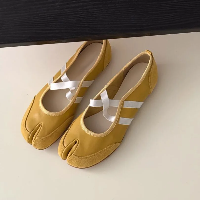 Split-Toe Casual Ballet Flats Shoes Women Genuine Pu Leather Cross Band Mary Janes Shoes Streetwear Elegant Loafers New Summer