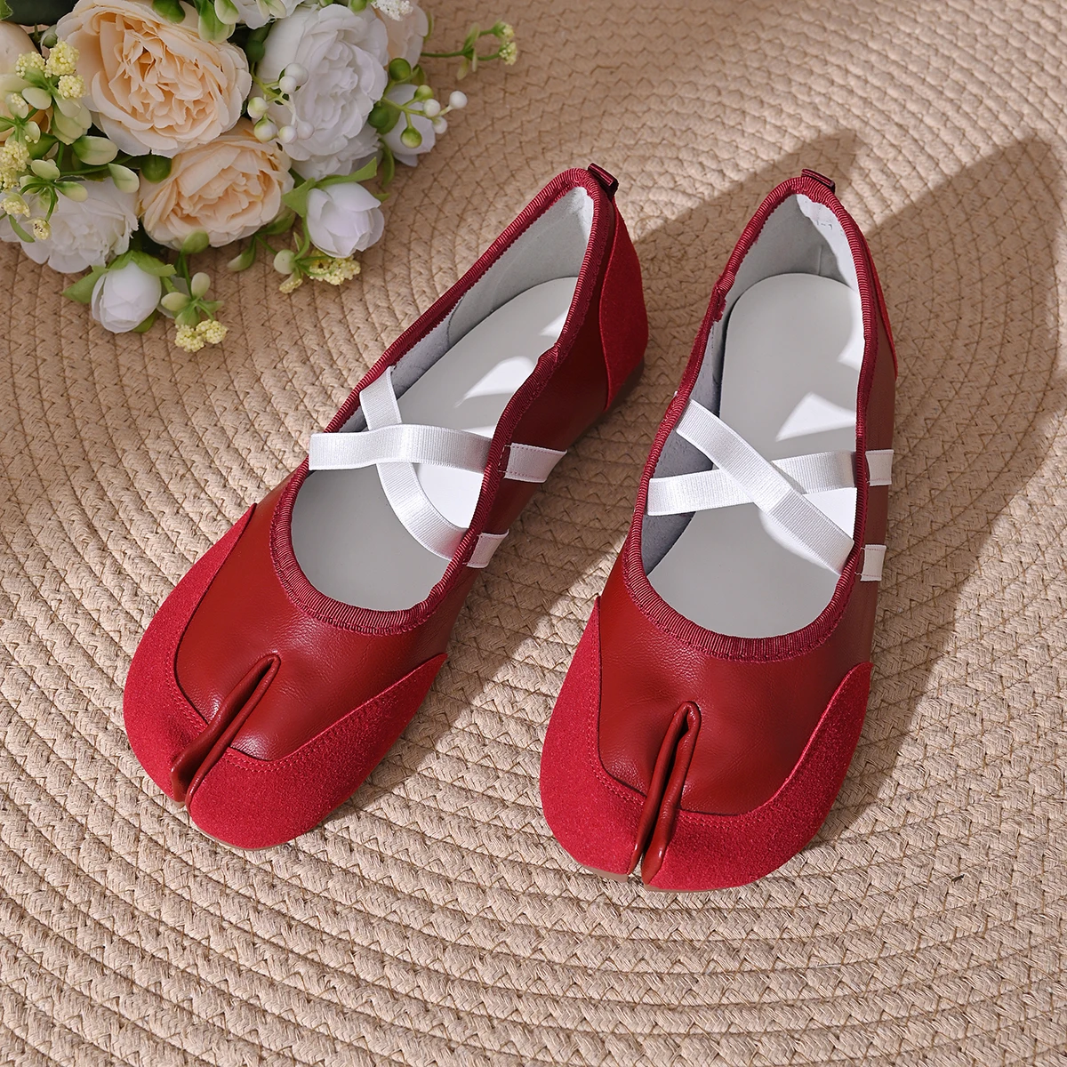 Split-Toe Casual Ballet Flats Shoes Women Genuine Pu Leather Cross Band Mary Janes Shoes Streetwear Elegant Loafers New Summer