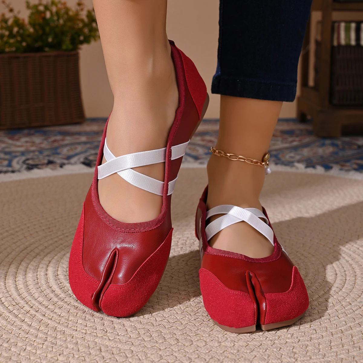 Split-Toe Casual Ballet Flats Shoes Women Genuine Pu Leather Cross Band Mary Janes Shoes Streetwear Elegant Loafers New Summer
