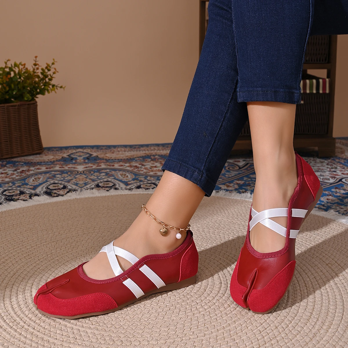 Split-Toe Casual Ballet Flats Shoes Women Genuine Pu Leather Cross Band Mary Janes Shoes Streetwear Elegant Loafers New Summer
