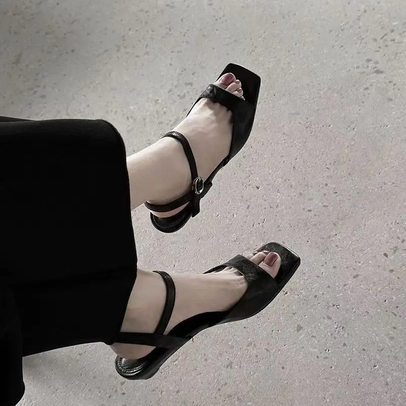 2026 Summer Women's Low Heel Sandals - Fashion Leather Material Suitable for Office Wear and Casual Outdoor Shoes Sizes 35 - 42