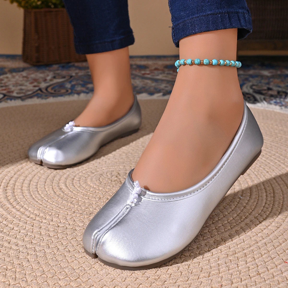 Women Cozy Leather Flats Split Hoof Toe Loafers Femme Mary Jeans Mocasines Ladies Ballerina Shoe