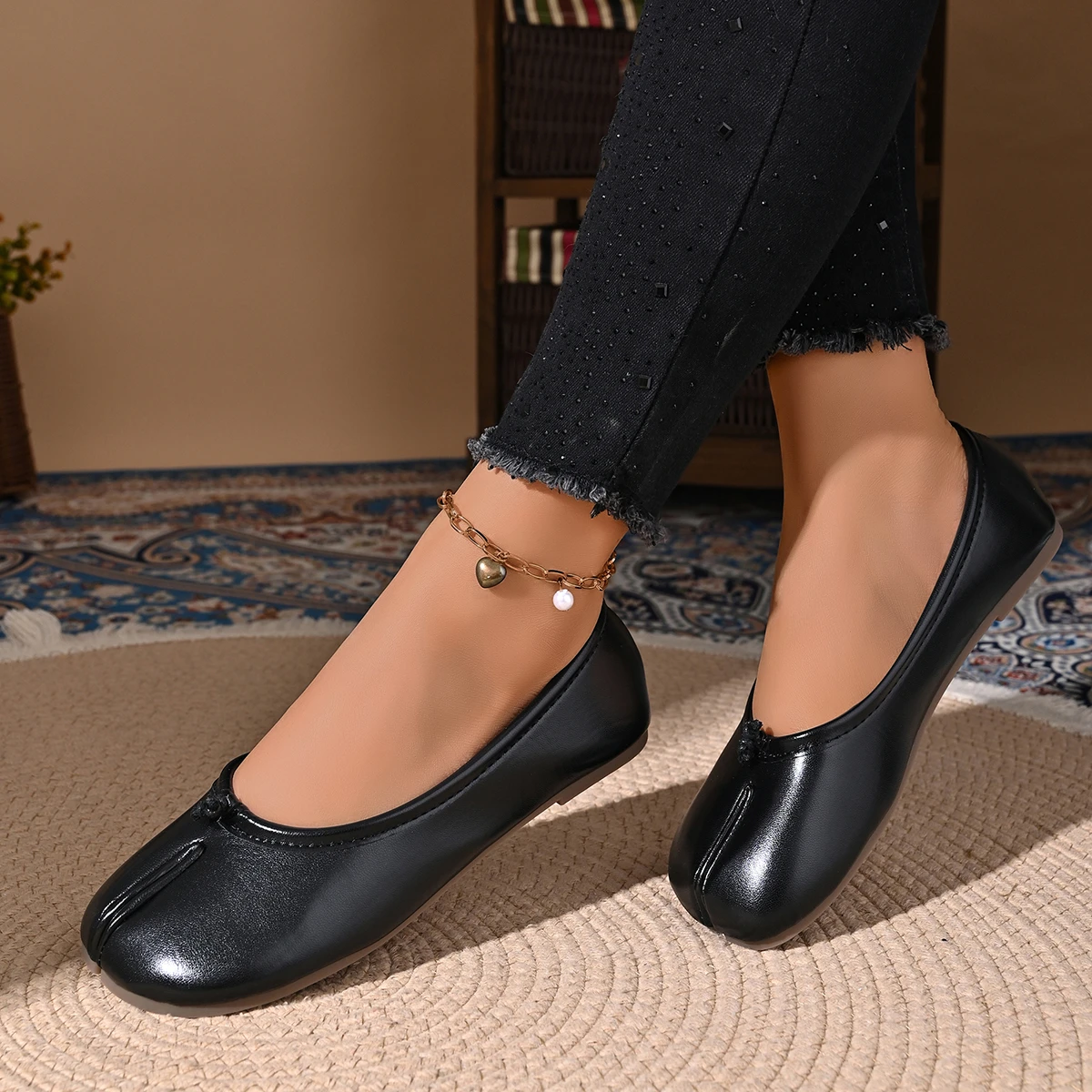 Women Cozy Leather Flats Split Hoof Toe Loafers Femme Mary Jeans Mocasines Ladies Ballerina Shoe