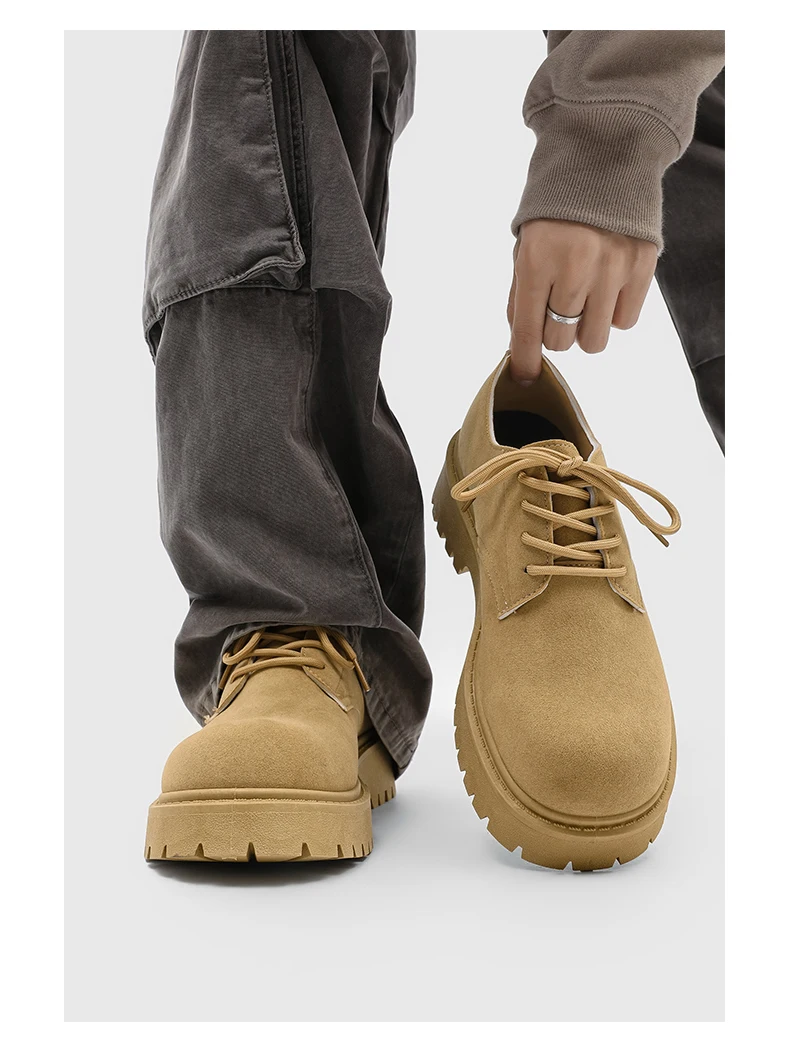 Men's 2026 Chunky Derby Work Boots Retro Lace-Up Suede Shoes with Thick Sole Breathable Low-Top Industrial Casual Footwear