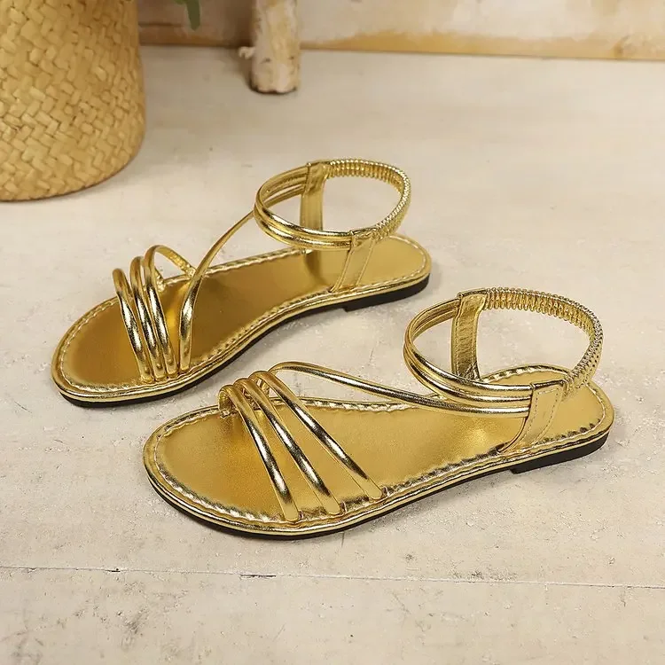 2026 Summer Flat Sandals for Women Elastic Ankle Strap Open Toe Beach Shoes Casual Comfortable Flip Flops Plus Size