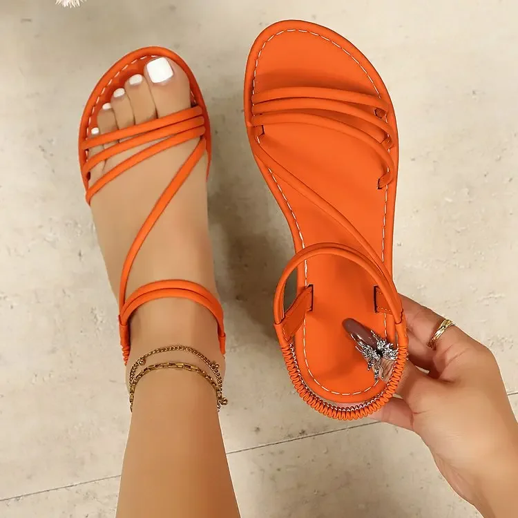 2026 Summer Flat Sandals for Women Elastic Ankle Strap Open Toe Beach Shoes Casual Comfortable Flip Flops Plus Size