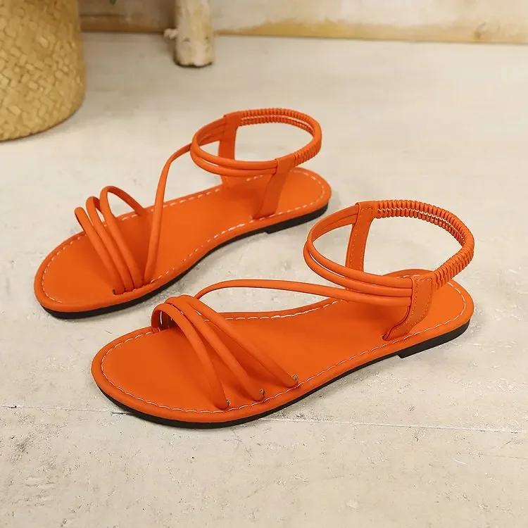 2026 Summer Flat Sandals for Women Elastic Ankle Strap Open Toe Beach Shoes Casual Comfortable Flip Flops Plus Size