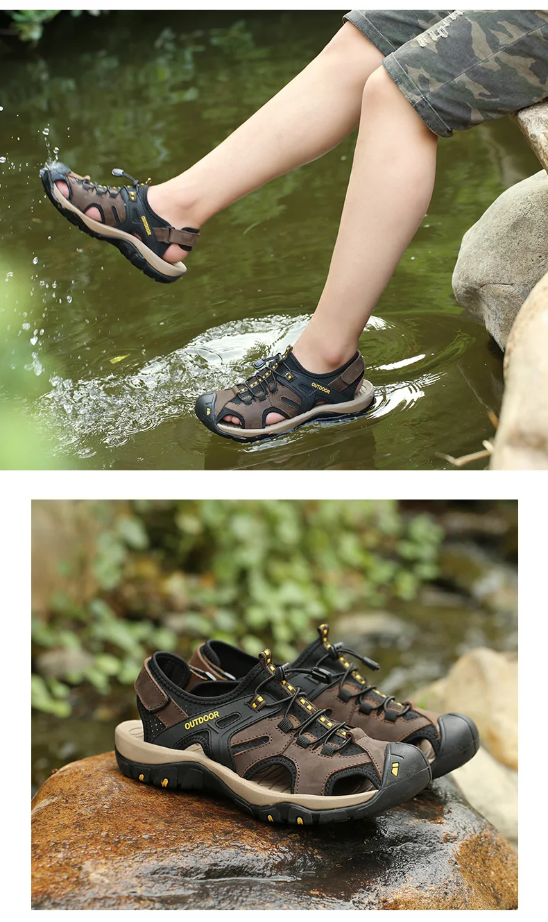 Large Size Men's Summer Non-Slip Beach Sandals Handmade Genuine Leather Outdoor Fashion Sneakers