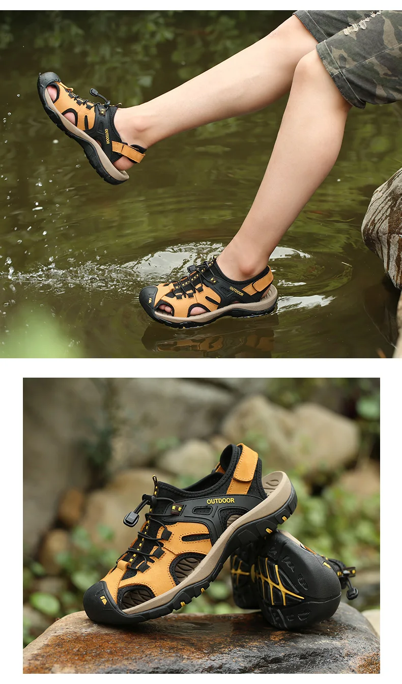 Large Size Men's Summer Non-Slip Beach Sandals Handmade Genuine Leather Outdoor Fashion Sneakers