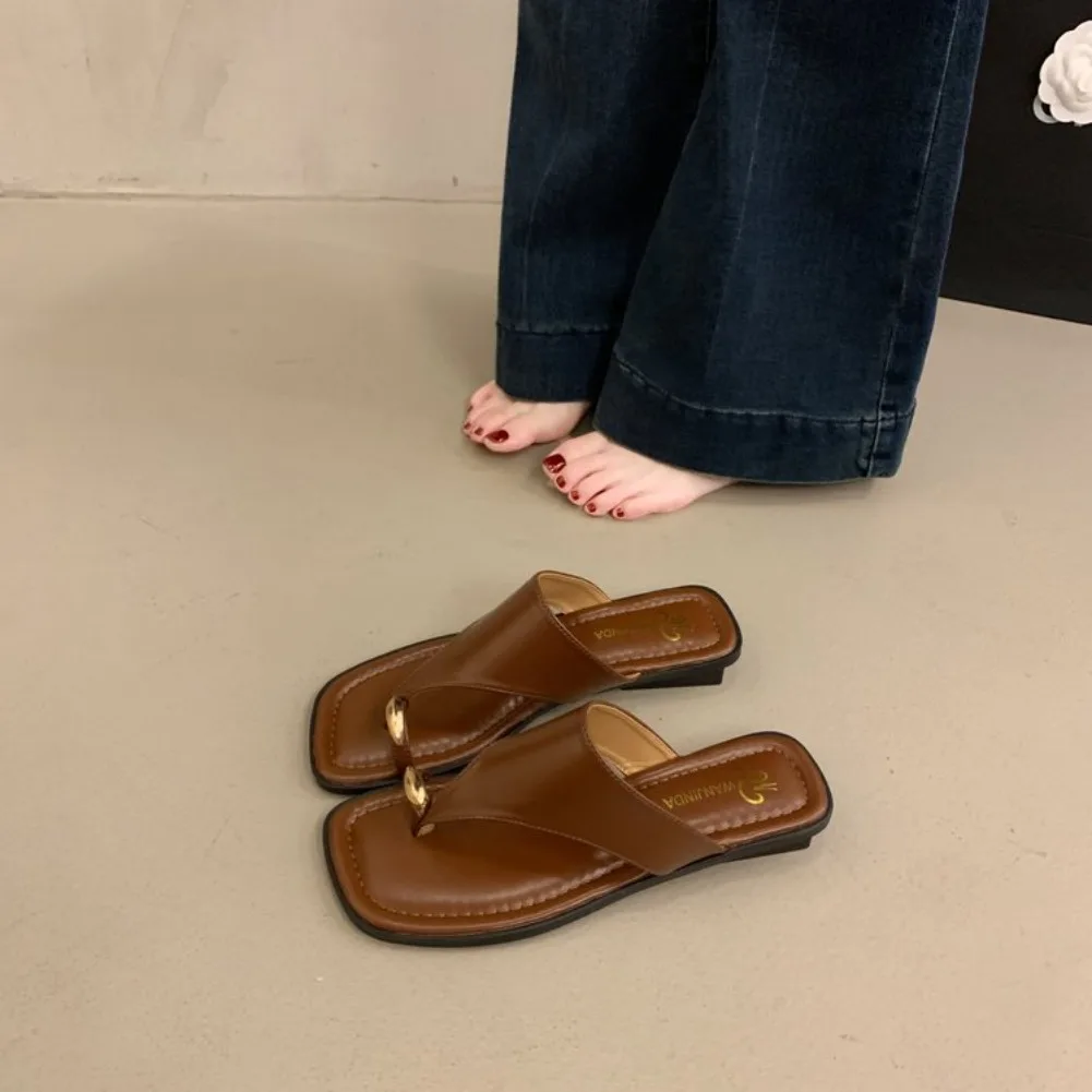 Women's Summer Flat Flip Flops Thong Sandals Square Toe Faux Leather Soft Sole Non Slip Shoes for Beach Vacation Daily Wear