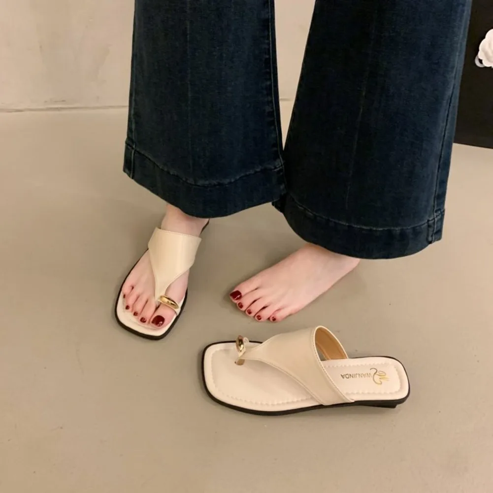 Women's Summer Flat Flip Flops Thong Sandals Square Toe Faux Leather Soft Sole Non Slip Shoes for Beach Vacation Daily Wear
