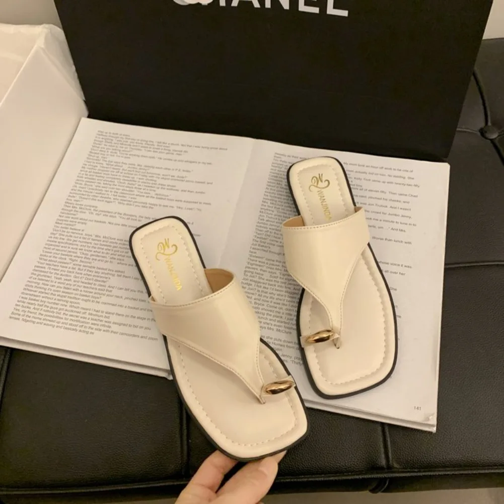 Women's Summer Flat Flip Flops Thong Sandals Square Toe Faux Leather Soft Sole Non Slip Shoes for Beach Vacation Daily Wear