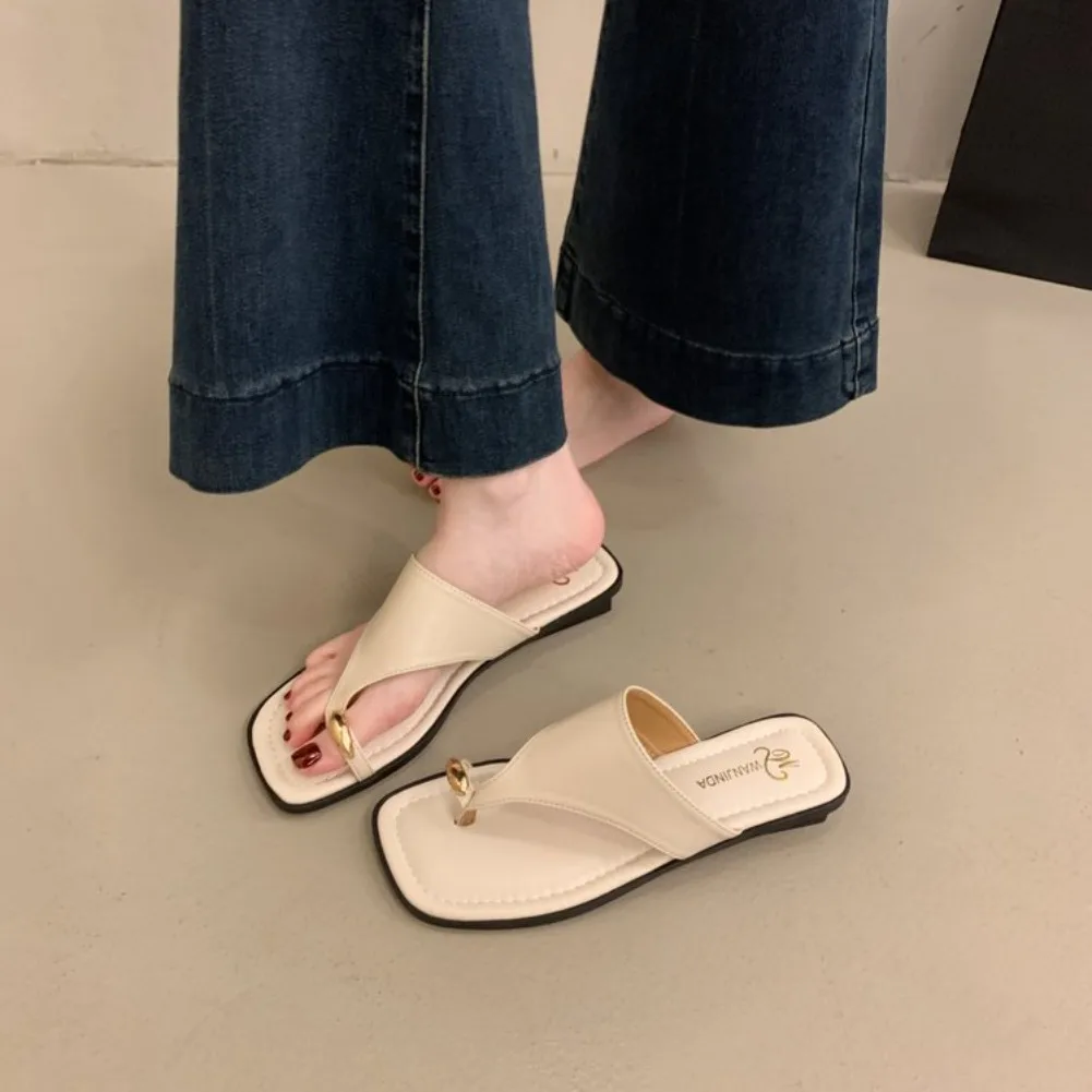 Women's Summer Flat Flip Flops Thong Sandals Square Toe Faux Leather Soft Sole Non Slip Shoes for Beach Vacation Daily Wear
