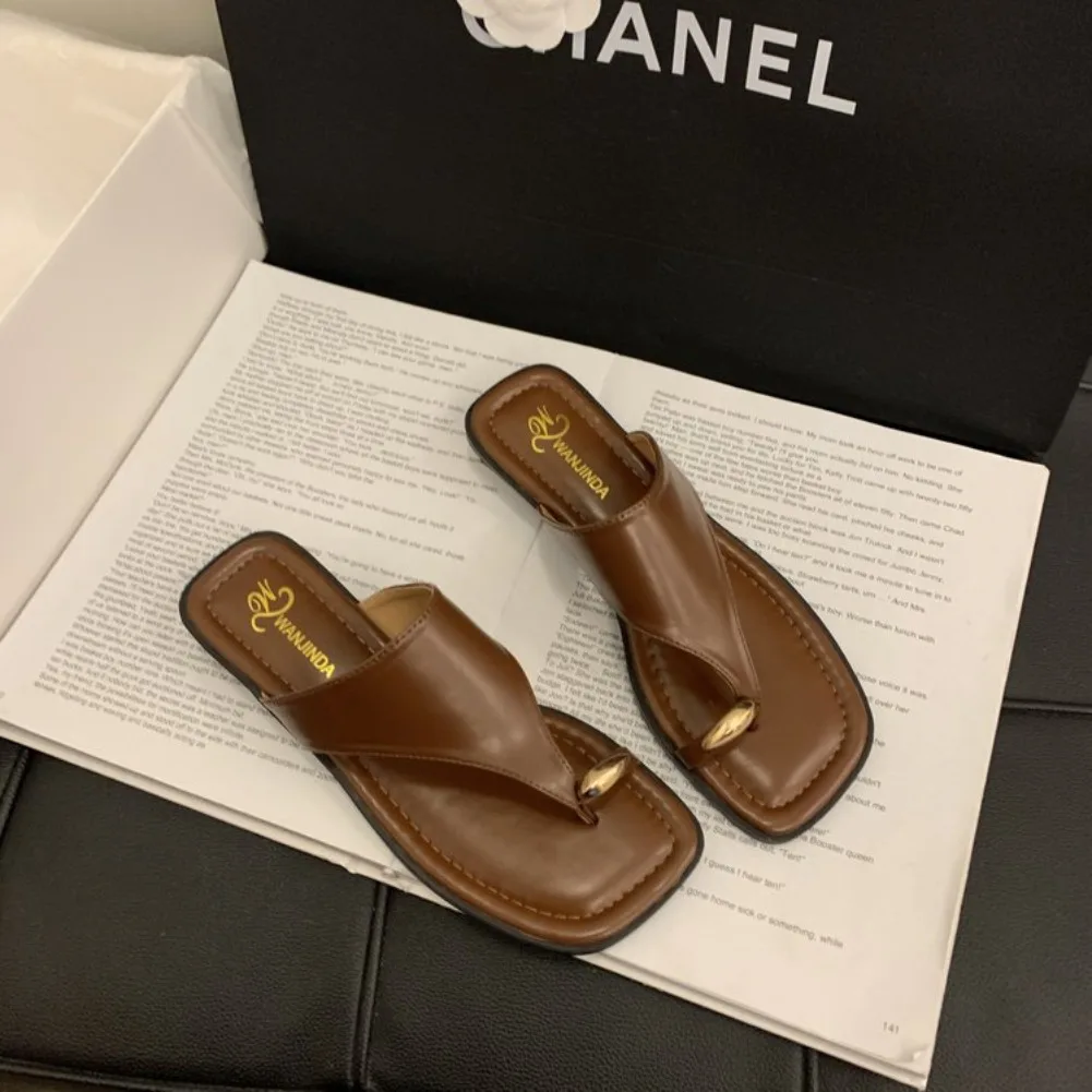 Women's Summer Flat Flip Flops Thong Sandals Square Toe Faux Leather Soft Sole Non Slip Shoes for Beach Vacation Daily Wear