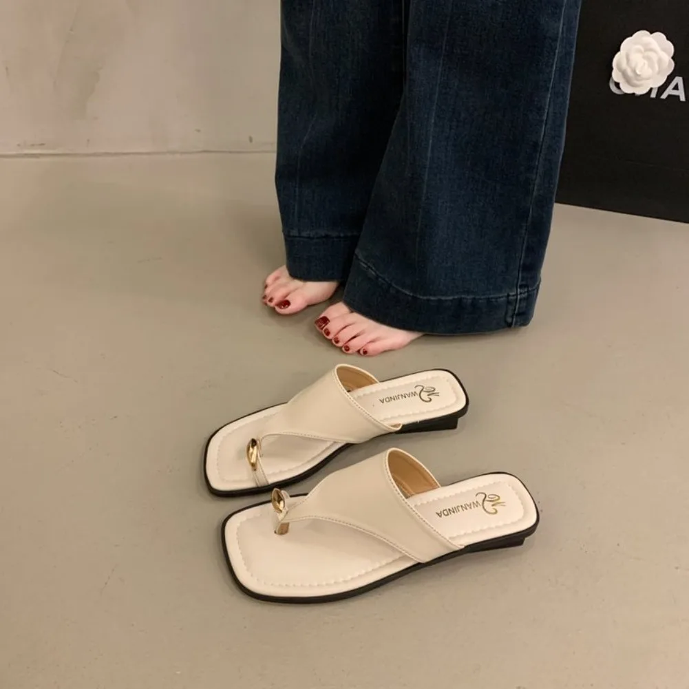 Women's Summer Flat Flip Flops Thong Sandals Square Toe Faux Leather Soft Sole Non Slip Shoes for Beach Vacation Daily Wear