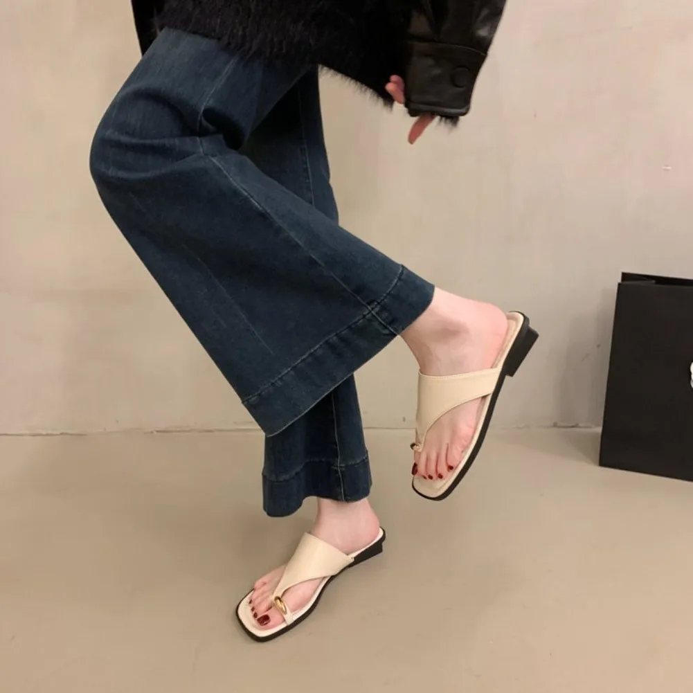 Women's Summer Flat Flip Flops Thong Sandals Square Toe Faux Leather Soft Sole Non Slip Shoes for Beach Vacation Daily Wear