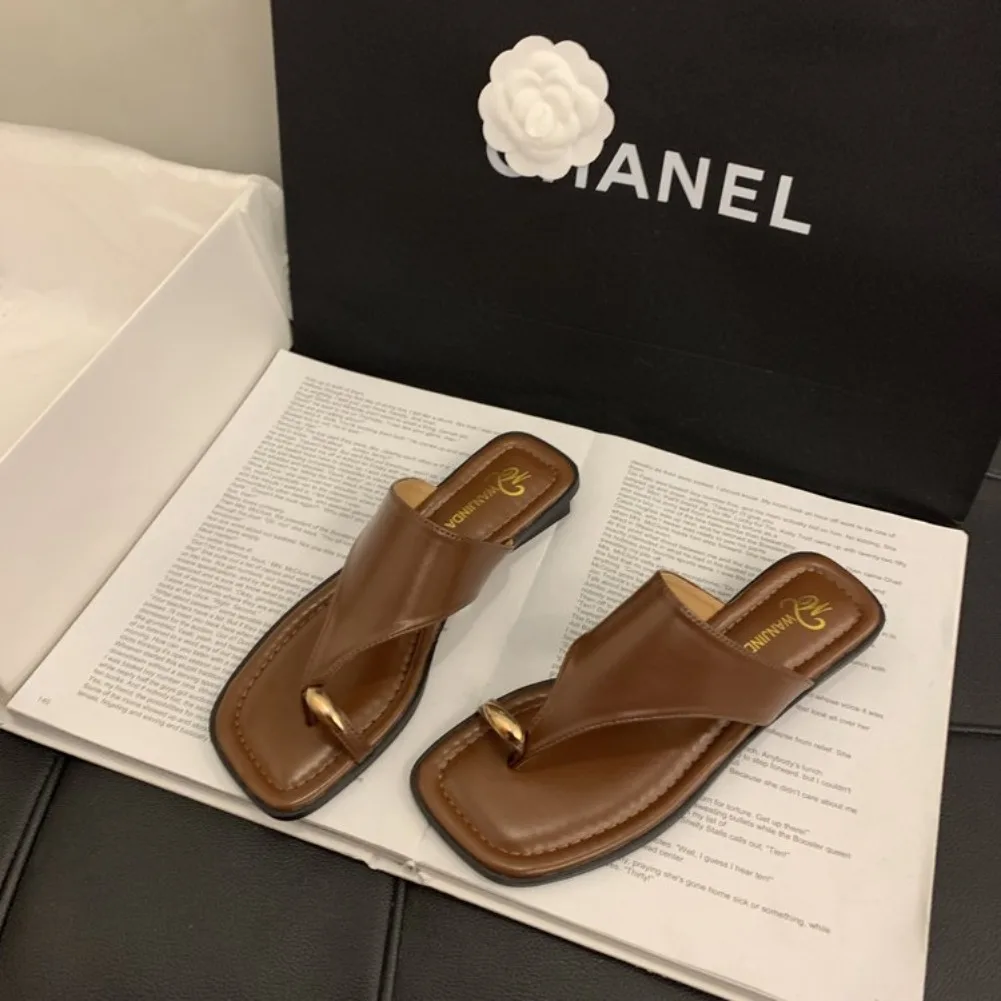 Women's Summer Flat Flip Flops Thong Sandals Square Toe Faux Leather Soft Sole Non Slip Shoes for Beach Vacation Daily Wear