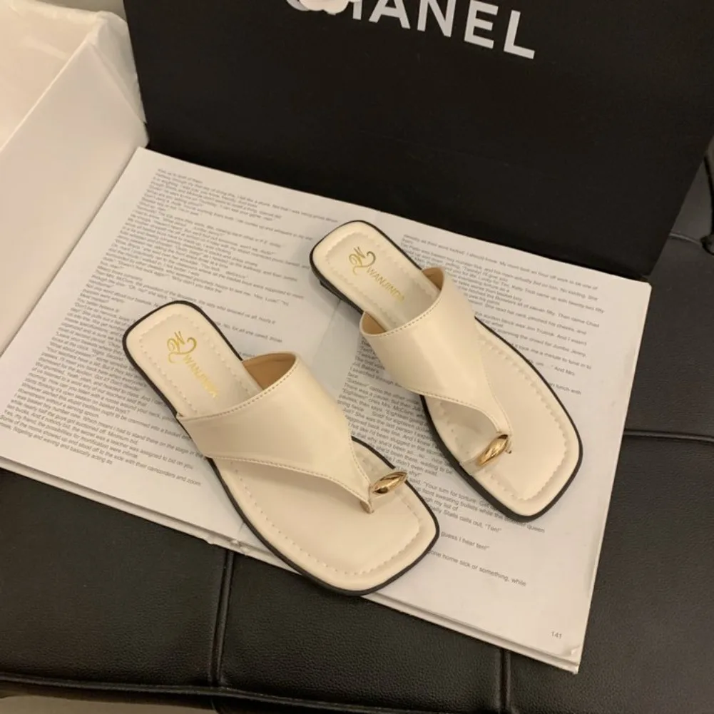 Women's Summer Flat Flip Flops Thong Sandals Square Toe Faux Leather Soft Sole Non Slip Shoes for Beach Vacation Daily Wear