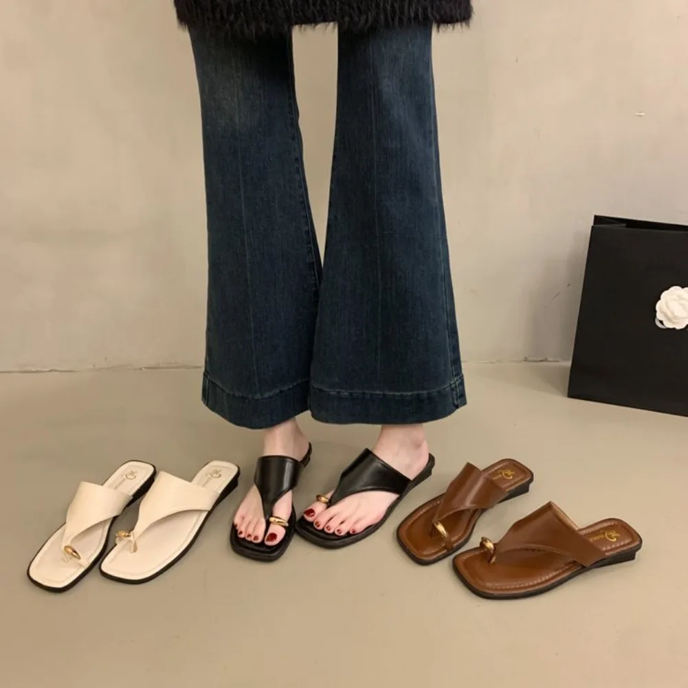 Women's Summer Flat Flip Flops Thong Sandals Square Toe Faux Leather Soft Sole Non Slip Shoes for Beach Vacation Daily Wear