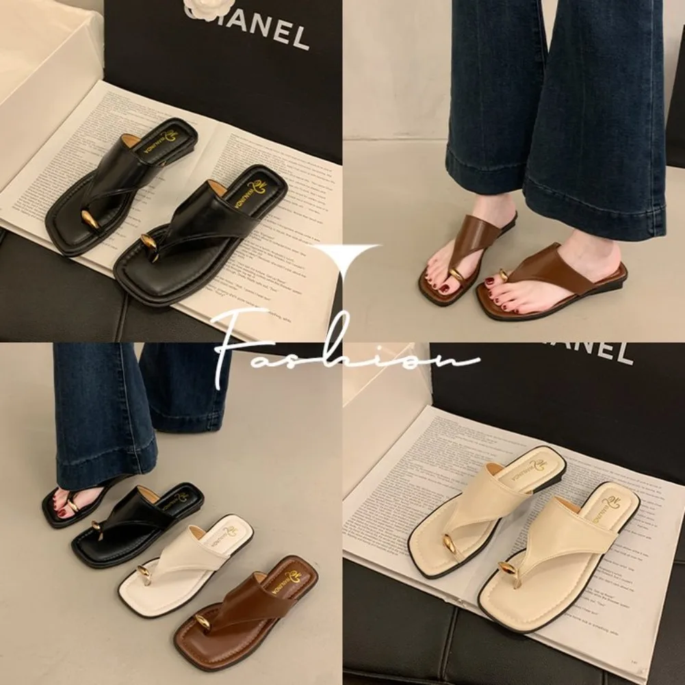Women's Summer Flat Flip Flops Thong Sandals Square Toe Faux Leather Soft Sole Non Slip Shoes for Beach Vacation Daily Wear