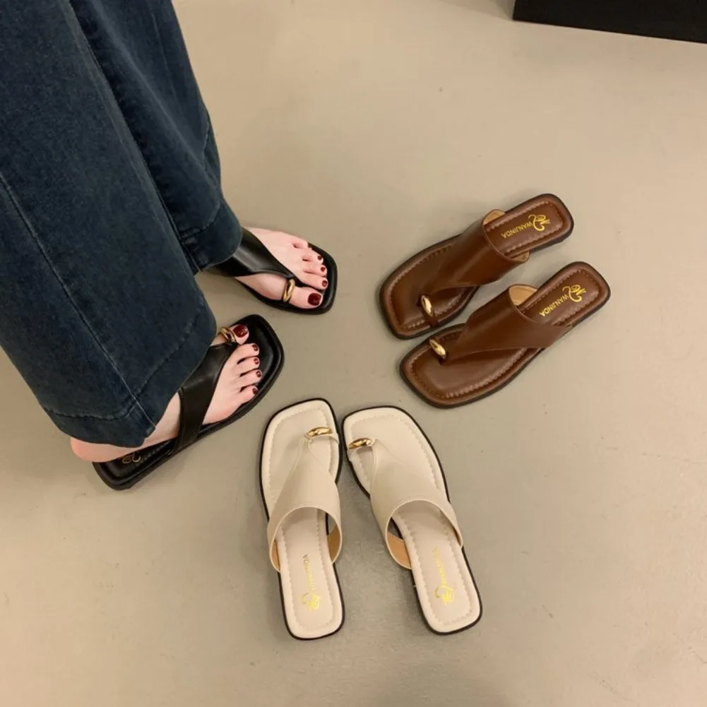 Women's Summer Flat Flip Flops Thong Sandals Square Toe Faux Leather Soft Sole Non Slip Shoes for Beach Vacation Daily Wear