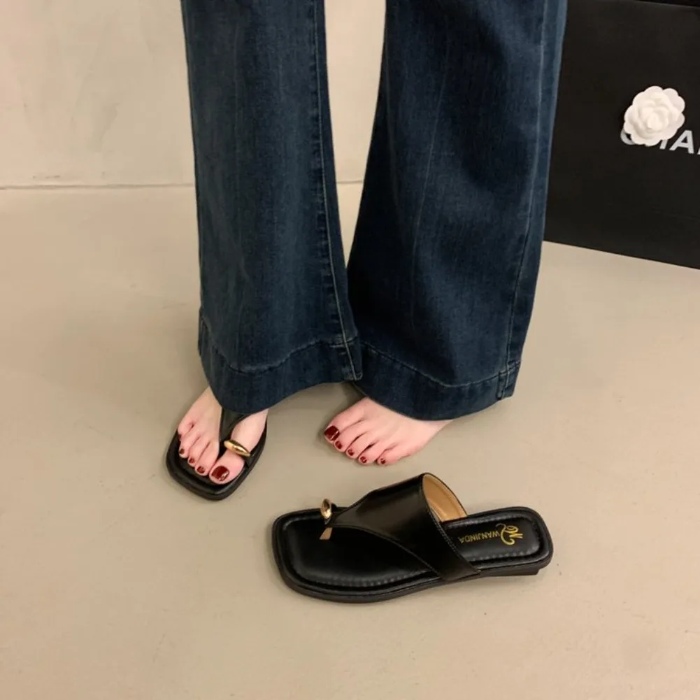 Women's Summer Flat Flip Flops Thong Sandals Square Toe Faux Leather Soft Sole Non Slip Shoes for Beach Vacation Daily Wear