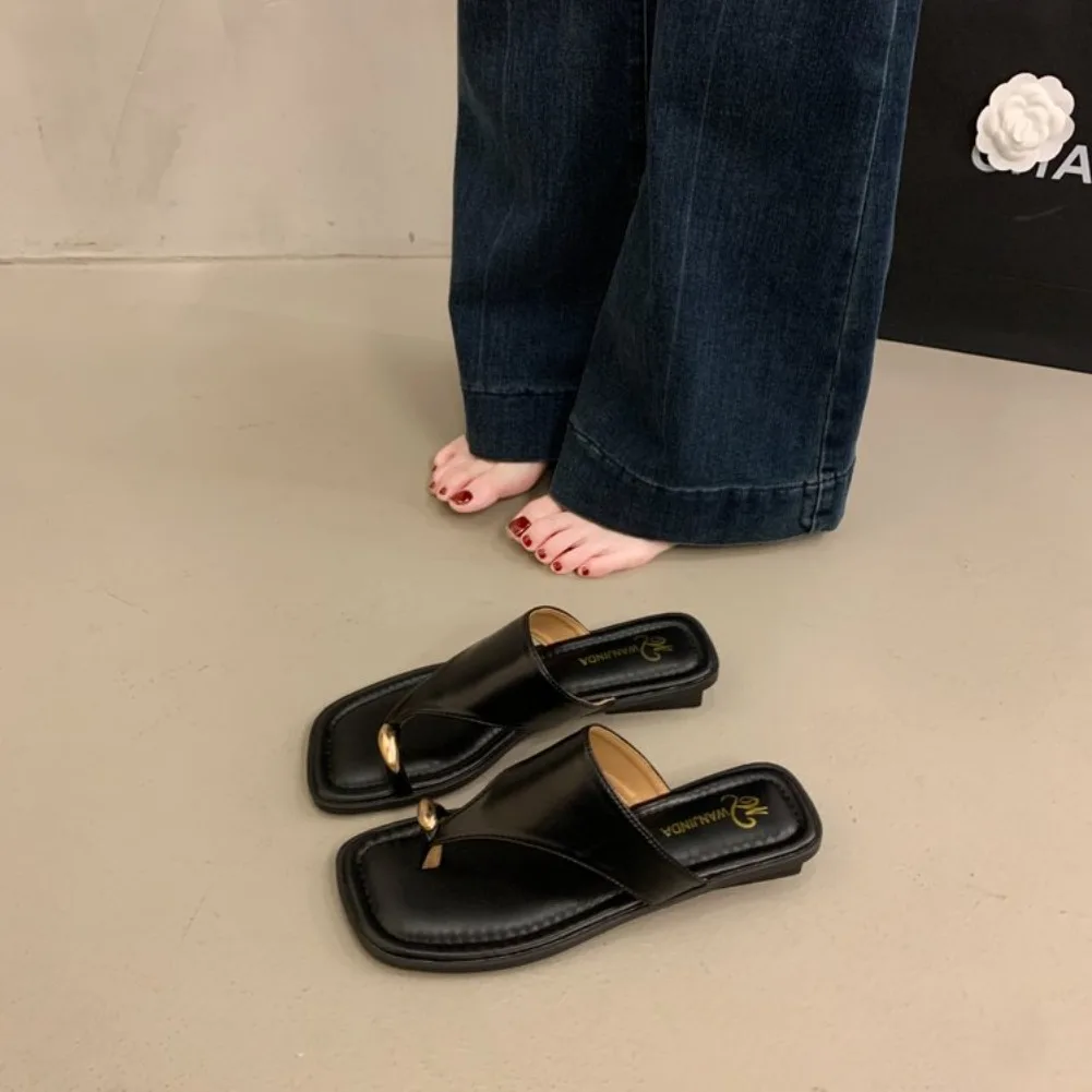 Women's Summer Flat Flip Flops Thong Sandals Square Toe Faux Leather Soft Sole Non Slip Shoes for Beach Vacation Daily Wear
