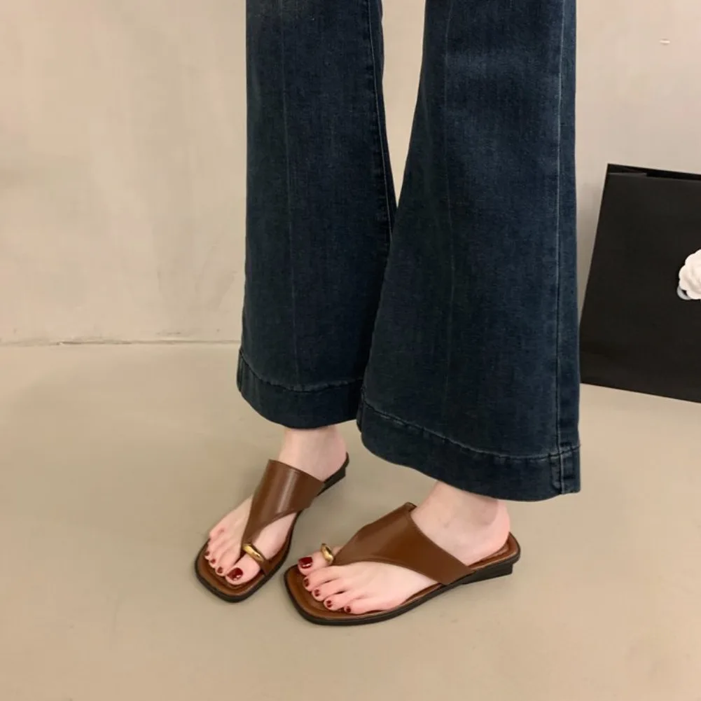 Women's Summer Flat Flip Flops Thong Sandals Square Toe Faux Leather Soft Sole Non Slip Shoes for Beach Vacation Daily Wear