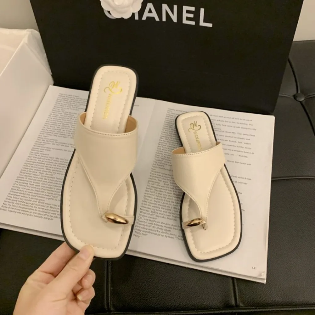 Women's Summer Flat Flip Flops Thong Sandals Square Toe Faux Leather Soft Sole Non Slip Shoes for Beach Vacation Daily Wear